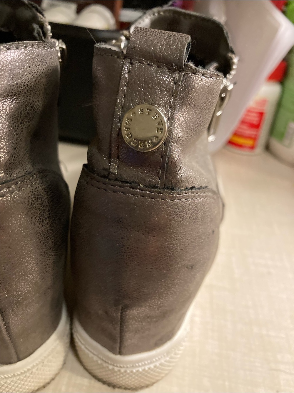 Steve Madden Metallic Pewter High-Top Wedge Sneakers with White Sole - Picture 15 of 16